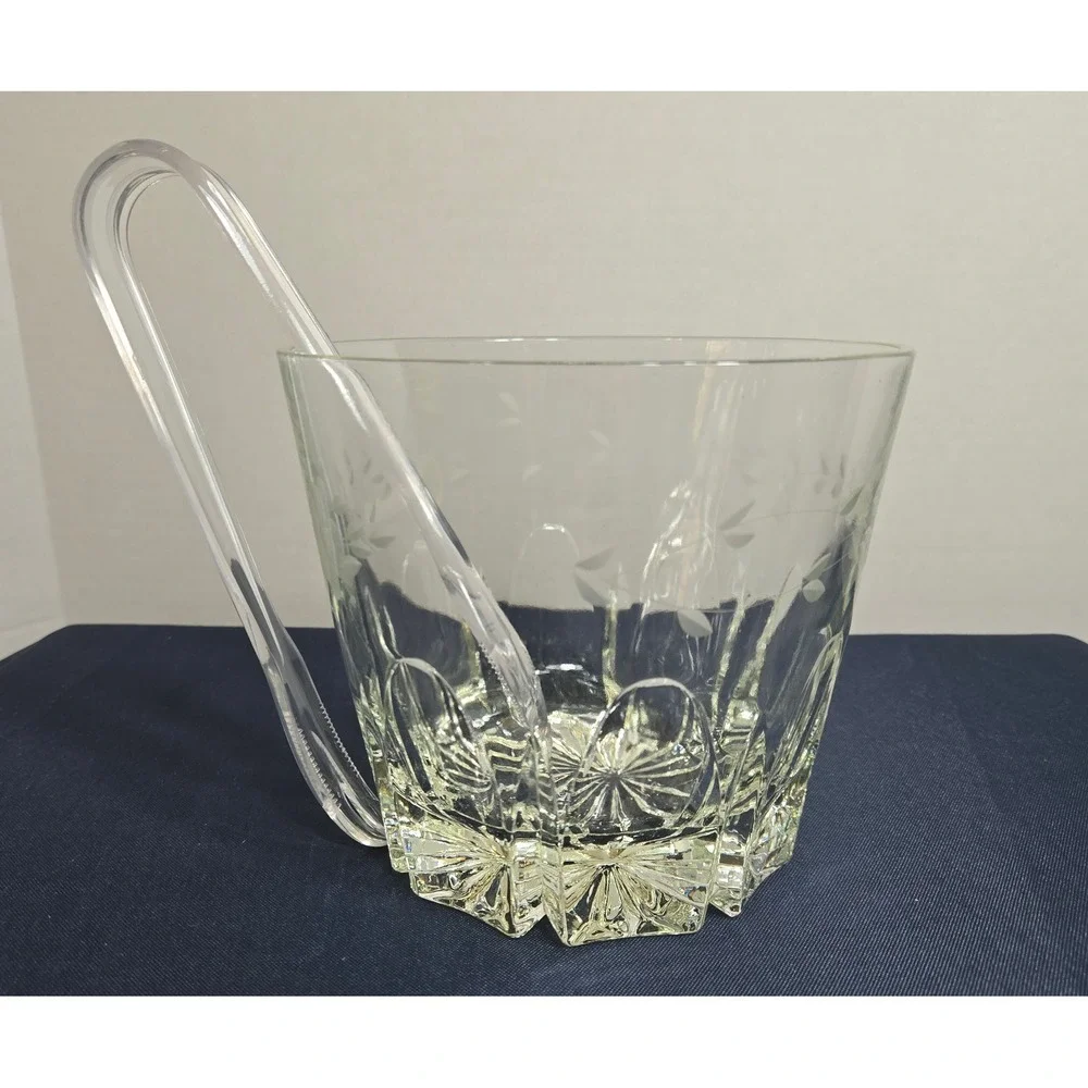 1980's Princess House Heritage Etched Crystal Glass Ice Bucket w/Spork Tongs
